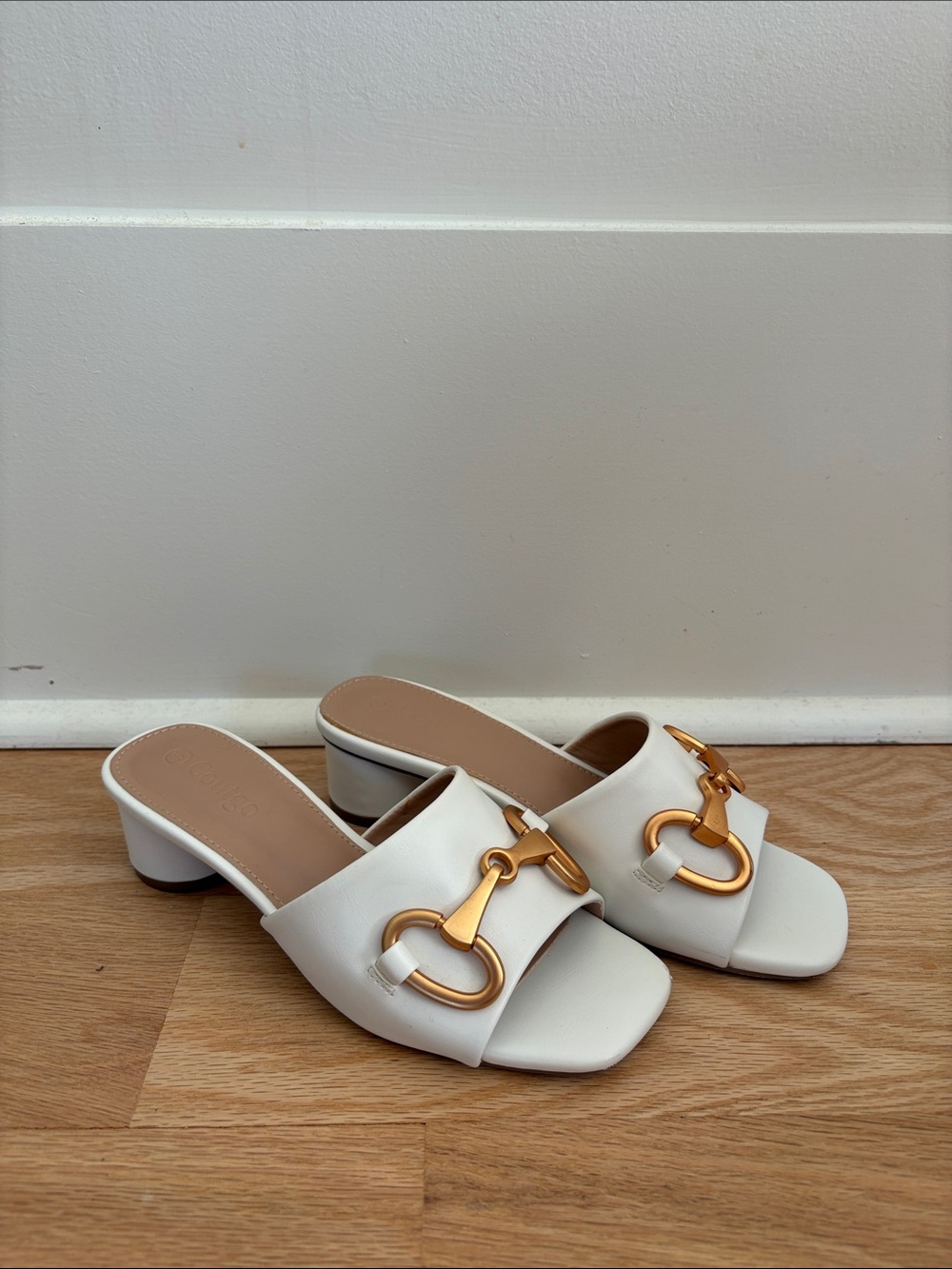 Designer-inspired Women's White Slide Sandals with Gold Hardware